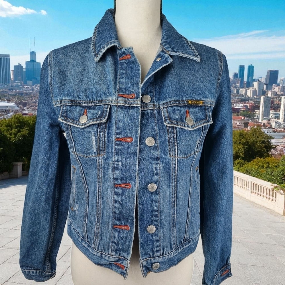 Women's Lucky Brand Cotton Blue Jean Denim Tomboy Trucker Jacket Size Small